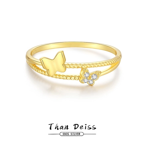 S925 Sterling Silver Butterfly Ring For Women Gold Plated Twisted Band Inlaid Rhinestone Minimalist Fashion Finger Ring