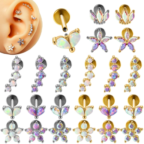 Pendiente De Labio Y Cartílago De Acero Inoxidable Con Opalo Zircon Flor Rosca Interna Parte Posterior Plana Joyería Piercing