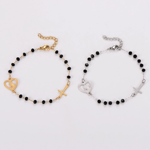 Kralenarmband Roestvrij Staal Zwarte Kralen Hart Maagd Maria Portret Kruis Hanger Religieuze Sieraden Verstelbaar