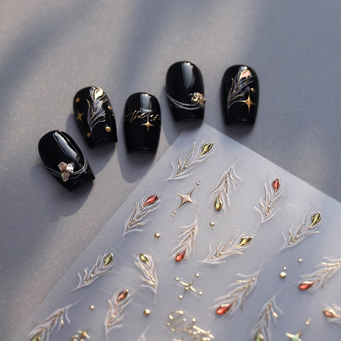 Adesivi Per Unghie Piume Dorate 3D Rilievo Metallico Motivi Stelle Adesivo Decorazione Manicure Fai Da Te
