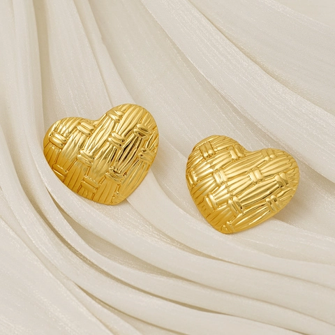 Orecchini A Cuore Acciaio Inossidabile Placcato Oro 18K Retro Intrecciato Perline Texture Stile Francese Moda Donna Gioielli