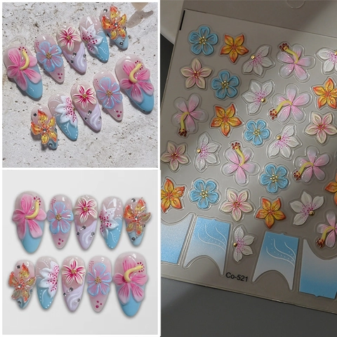 3D Autocollants Ongles Fleurs En Relief Décoration Manucure Imperméable Style Dégradé Français