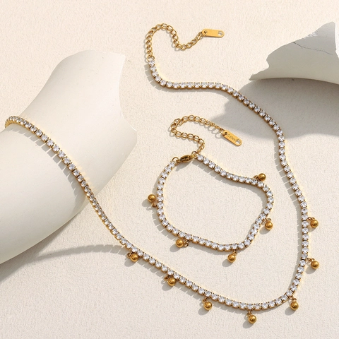 Collana E Bracciale In Acciaio Inossidabile Placcato Oro 18K Zirconia Nappa Di Perle Tonde Gioielli Di Moda Minimalista Donna
