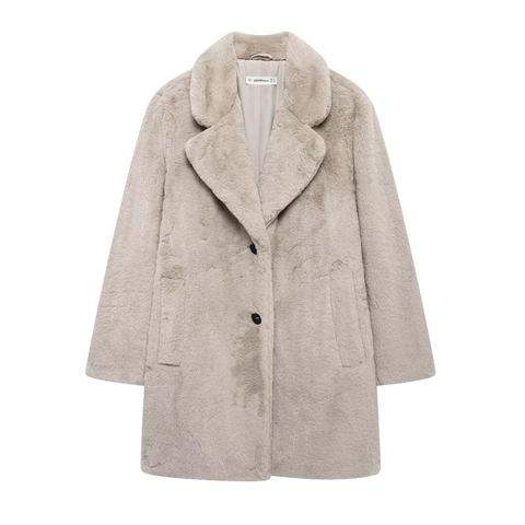Dames Faux Fur Jas Dik Warm Lange Mouwen Revers Knoopsluiting Halflang Pluche Jack Streetwear