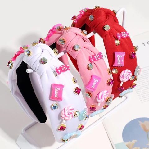 Serre-Tête En Tissu Noué Avec Strass Et Bonbons Bandeau Large Antidérapant Avec Accessoires Sucette Pour Femmes Filles