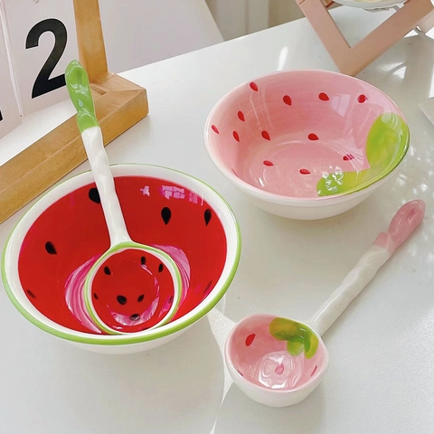 Cute Fruit Shaped Ceramic Bowl And Spoon Strawberry Watermelon Design Hand Painted Kids Tableware Dessert Salad Soup Home
