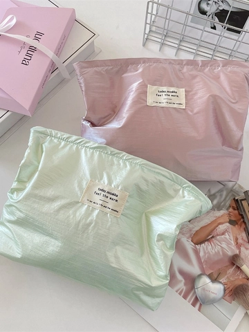Borsa Da Trucco Metallica Lucida Grande Capacità Astuccio Per Cosmetici Portatile Trama Stropicciata Organizer Per Articoli Da Toeletta