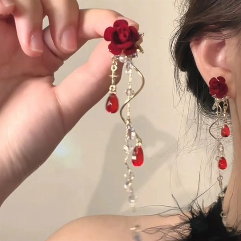 Pendientes De Gota Con Flecos De Rosa Flocado Rojo Vintage Con Cristal Perla Artificial Aleación Y Poste De Plata Mujer