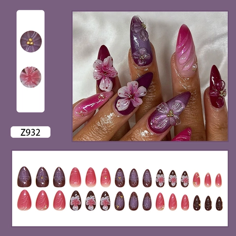 Uñas Postizas Hechas A Mano Almendra Larga Flor 3D Degradado Púrpura Rosa Ojo De Gato Diamantes De Imitación Perla Artificial