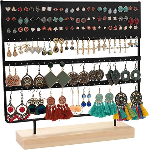 Earring Display Stand Multi Tier Metal Rack With Wooden Base Desktop Jewelry Organizer For Studs Dangle Hoops Earring