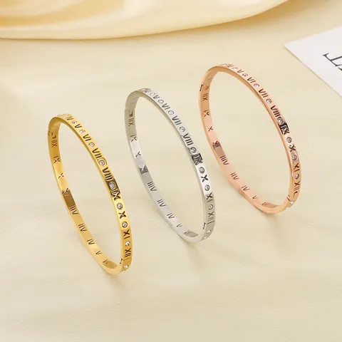 Bracciale Rigido Acciaio Inossidabile Numeri Romani Cavo Zirconia Cubica Intarsiato Accessorio Moda Retro Lusso Donne