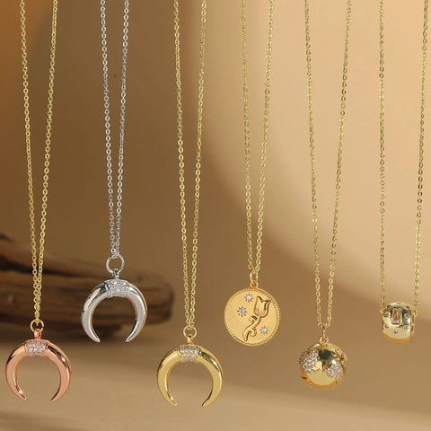 Crescent Moon Earth Rose Pendant Necklaces Copper Cubic Zirconia Pave Jewelry Clavicle Chain Elegant For Women