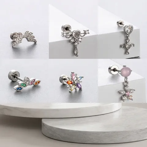 Titanium Steel Cartilage Stud Earrings Colorful Zircon Inlaid Heart Star Flower Piercing Jewelry For Women