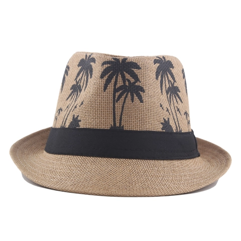 Cappello Fedora Di Paglia Di Carta Estiva Con Stampa Di Palme Motivo Albero Di Cocco Nastro Nero Protezione Solare Mare