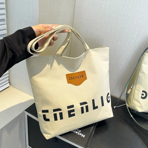 Bolso Tote De Lona Gran Capacidad Mujer Casual Estampado Letras Bolso De Hombro Para Trabajo Escuela Con Parche Cuero