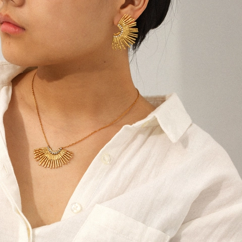 Collana Con Ciondolo A Forma Di Ventaglio E Orecchini Acciaio Inossidabile Strass Motivo Radiale Placcato Oro Donna Lusso