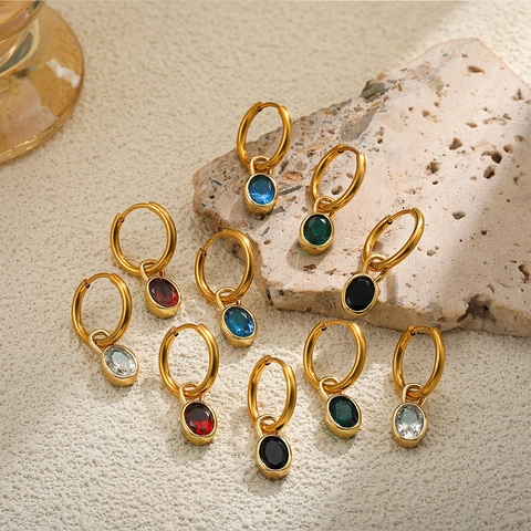 Boucles d'Oreilles Créoles en Acier Inoxydable Plaqué Or 18K Avec Pendentif Amovible en Strass Ovale Bijoux Femme Style Français