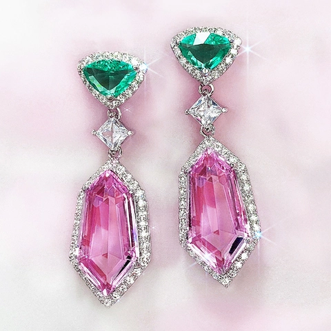 Orecchini Pendenti Multistrato Base Rame Zircone Rosa Verde Geometrico Gioielli Lusso Matrimonio Donne