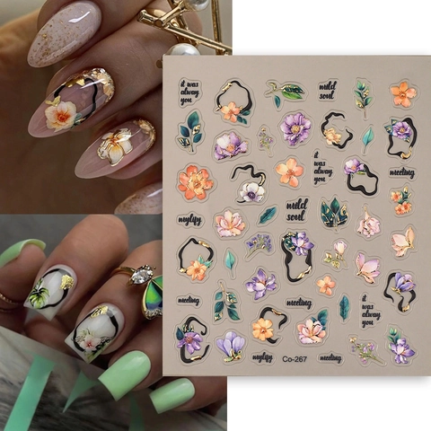 Autocollants Ongles Relief 5D Fleur Floral Bronzage Bord Doré Décalcomanies Adhésives Pour Décoration Manucure Femmes