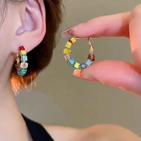Rainbow Glass Square Bead Hoop Earrings With 925 Sterling Silver Earring Post Geometric Gold Plated Jewelry For Women