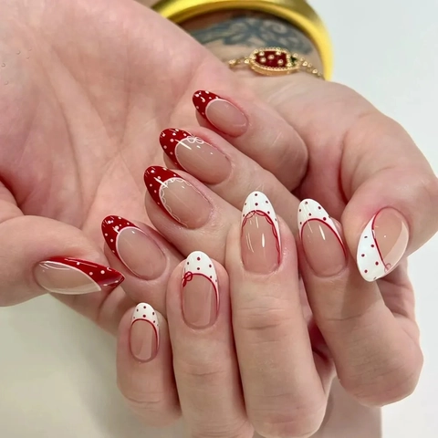 Unghie Finte A Mandorla Francesi Rosse Bianche Lunghe Pois Motivo Fiocco Pizzo Design Plastica Manicure Per Donne Elegante