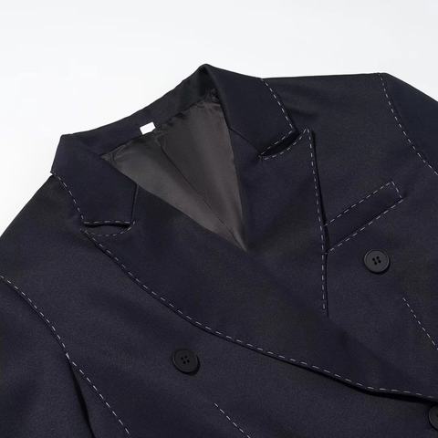Dames Winter Street Fashion Marineblauwe Double Breasted Blazer Jas Met Witte Contraststiksels Lange Mouwen Pak Jas