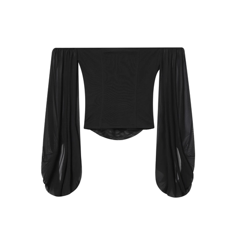 Dames Off Shoulder Mesh Top Ruched Lantaarnmouw Doorschijnend Elegant Slim Fit Solid Black Party Blouse