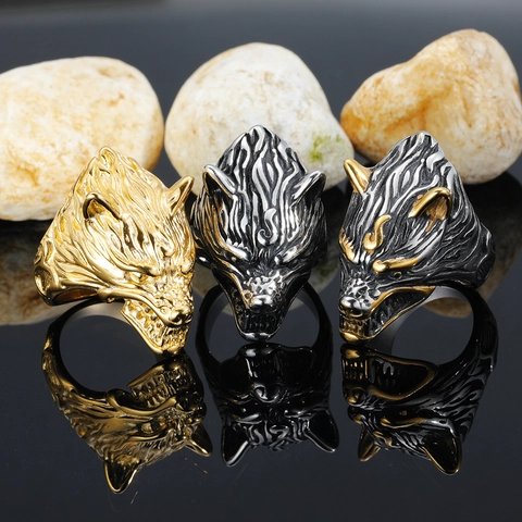 Viking Wolf Head Stainless Steel Ring For Men Vintage Hip Hop Animal Embossed Biker Punk Jewelry Finger Ring