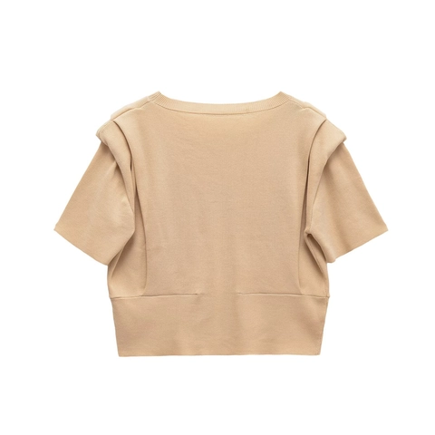 Top De Punto De Manga Corta Con Cuello Redondo Para Mujer Con Hombreras Elegante Caqui Color Sólido Suéter De Punto