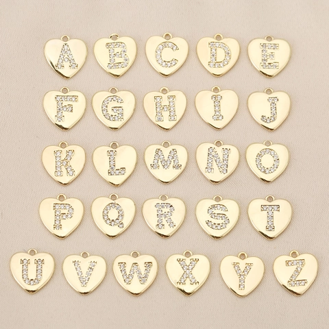 Pendentif Alphabet Cœur en Cuivre Avec Strass DIY Lettre Initiale Charms Plaqué Or Argent Accessoires de Bijoux pour Collier