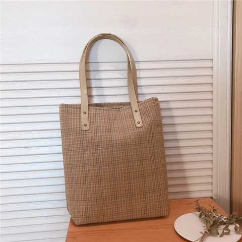 Sac Cabas À Carreaux Vintage Sac À Épaule En Toile Avec Poignée En Similicuir Décor De Rivets Style Preppy Anglais Pour Femmes École Bureau