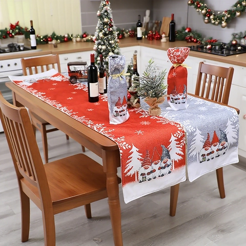 Christmas Table Runner Linen Fabric Gnome Snowflake Print Holiday Home Dining Room Decoration Nordic Style Long Cloth