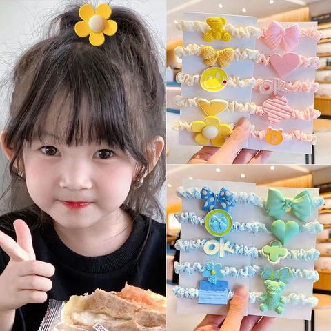 Kids Hair Ties Cloth Elastic Scrunchies Resin Cartoon Flower Bow Knot Bear Heart Toddler Girls Hair Accessories