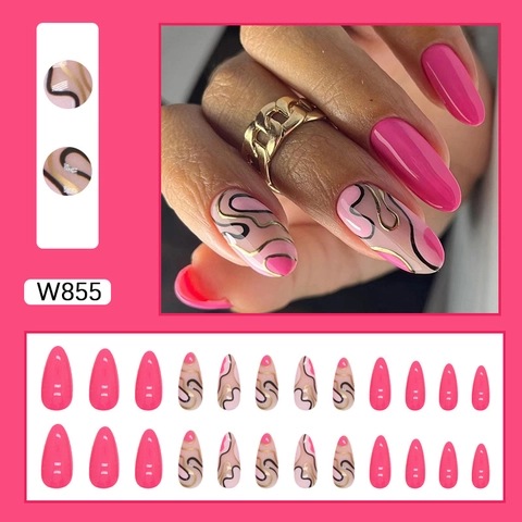 Unghie Finte Press On Mandorla Alla Moda Design Onde Rosa Con Linee Curve Nere E Oro Per Donne Finitura Lucida