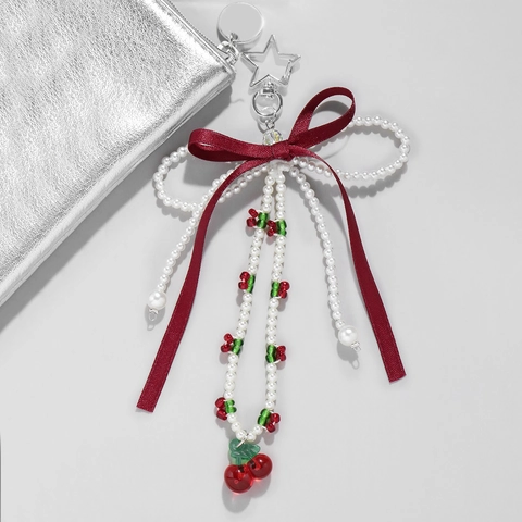 Portachiavi Con Fiocco Di Ciliegia Künstliche Perle Sintetiche E Nastro Bordeaux Ciondolo Per Borsa Stella Coniglio Stile Coreano