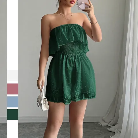 Elegante Bandeau Romper Damen Trägerloser Jacquard Strukturierter Jumpsuit Rüschen Gummizug Sommerurlaub Promi Stil