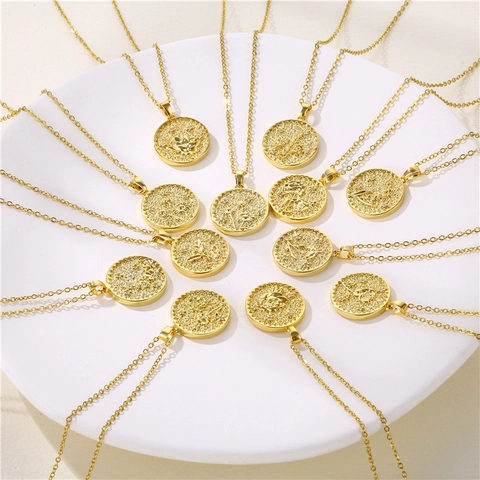 Stainless Steel Birth Flower Pendant Necklace Round Coin Gold Plated With Zircon Retro Style Jewelry For Women