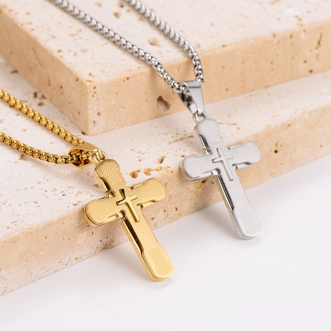 Collar Con Colgante De Cruz De Acero Inoxidable 304 Texturizado Doble Capa Hip Hop Joyería Religiosa Para Hombres