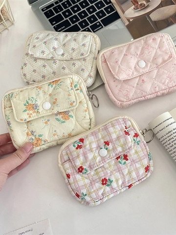 Floral Quilted Coin Purse Mini Storage Bag With Metal Ring Cartoon Animal Patterns Portable Card Earphone Organizer