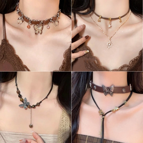 Vintage Copper Necklace For Women With Sun Star Butterfly Pendant Faux Leather Bead Choker Retro Bohemian Jewelry