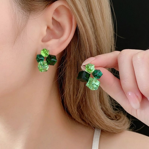 Geometric Square Cluster Stud Earrings With Green Multi Faceted Crystal Alloy And Silver Earring Post For Women Elegant