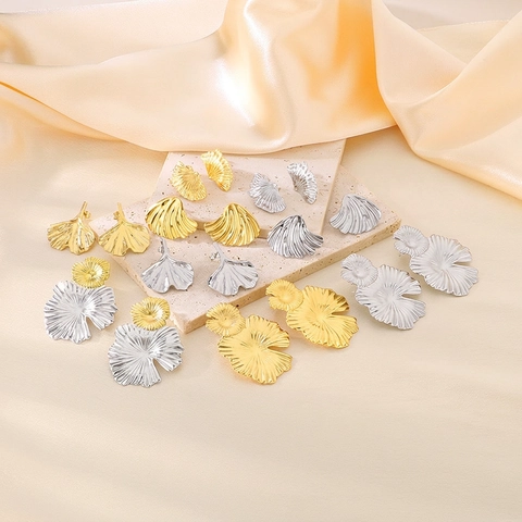 Fashion Stainless Steel Ginkgo Leaf Stud Earrings Women Rhinestone Brushed Flower Petal Shell Earring Party Jewelry