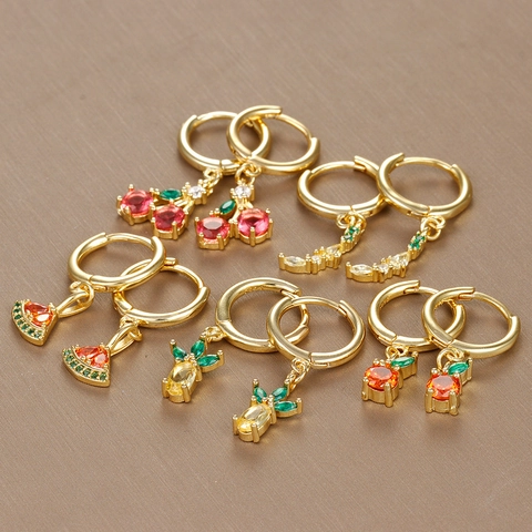Boucles D'oreilles Fruit Huggie Hoop Pendantes Zircone Cubique Colorée Bijoux Fins Pour Femmes