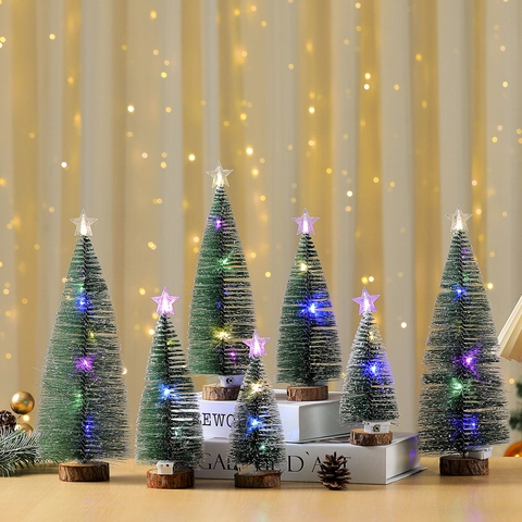 Mini Christmas Tree With LED Lights Snow Frosted Desktop Pine Tree Wood Base For Home Party Xmas Desktop Decoration
