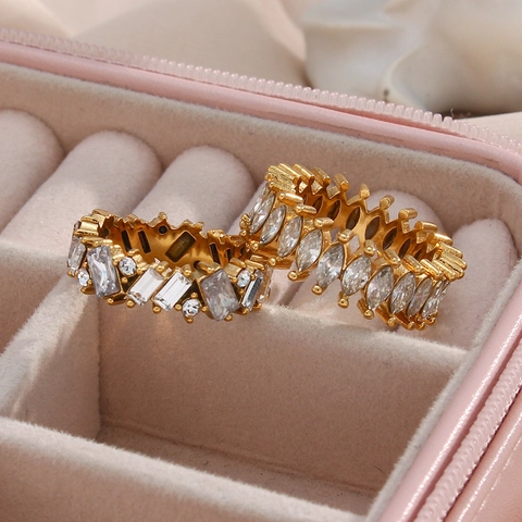 Geometric Marquise Zirconia Stainless Steel Ring For Women Gold Plated Elegant Fashion Jewelry Elegant Finger Ring Accessory
