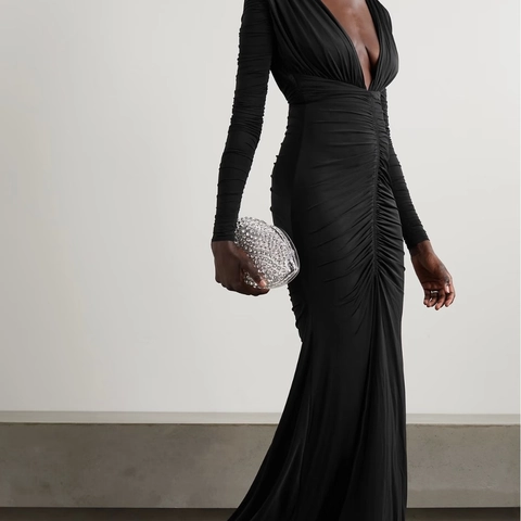 Sexy Maxi Jurk Met V-Hals Lange Mouwen Geplooid Open Rug Split Zeemeermin Avondfeest Jurk