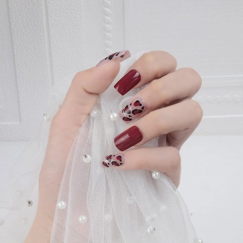 Uñas Postizas Color Vino Tinto Y Estampado De Leopardo Brillantes Impermeables Removibles Para Mujeres Boda Fiesta