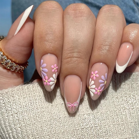 French Tip Press On Nails Almond Shape 3D Daisy Floral Bowknot Pink White Artificial False Nails For Women ABS Plastic