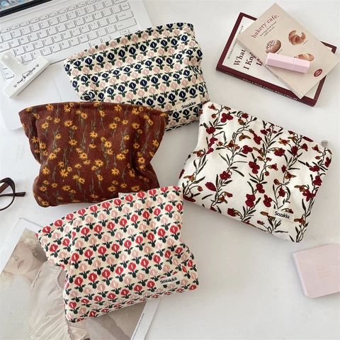 Borsa Da Trucco In Velluto A Coste Floreale Vintage Portatile Pochette Per Cosmetici Da Viaggio Per Donna