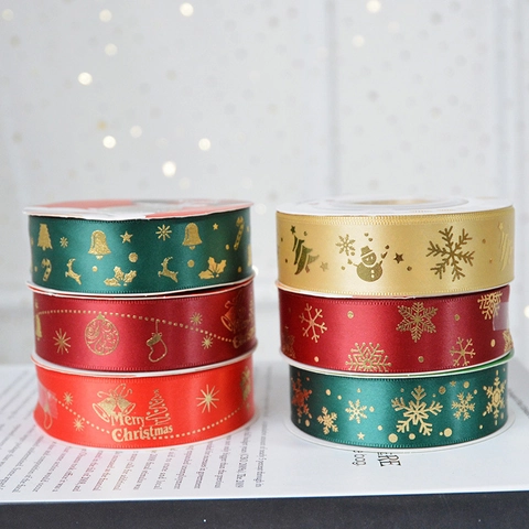 Christmas Satin Ribbon Gold Stamped Merry Christmas Snowflake Snowman Patterns Holiday Gift Wrapping Party Decoration